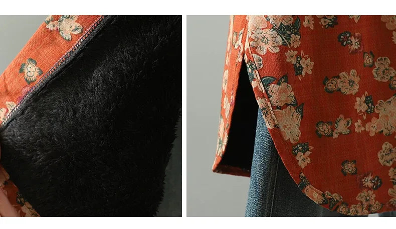 Floral Print Fleece-Lined Patch Pocket Coat