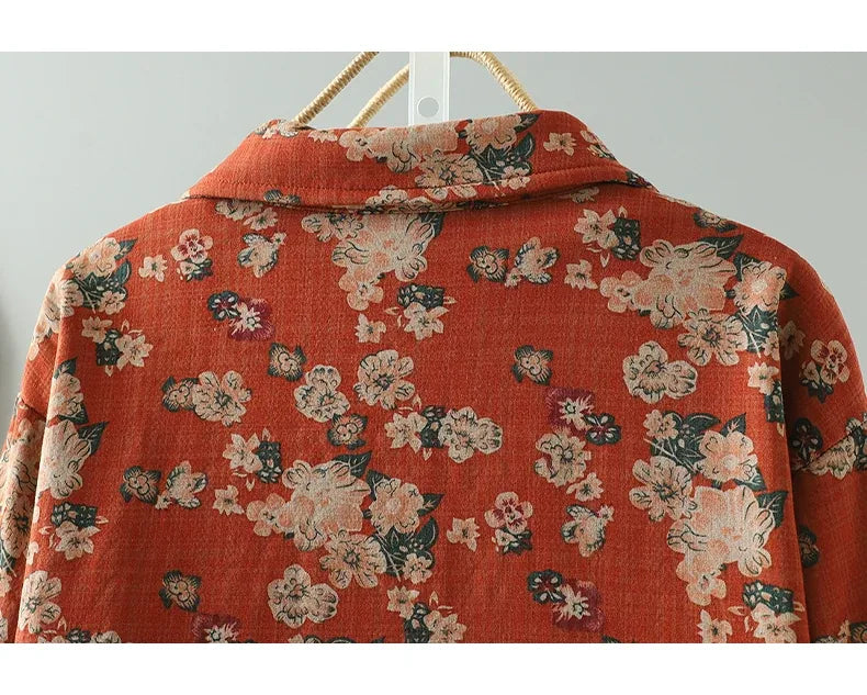 Floral Print Fleece-Lined Patch Pocket Coat