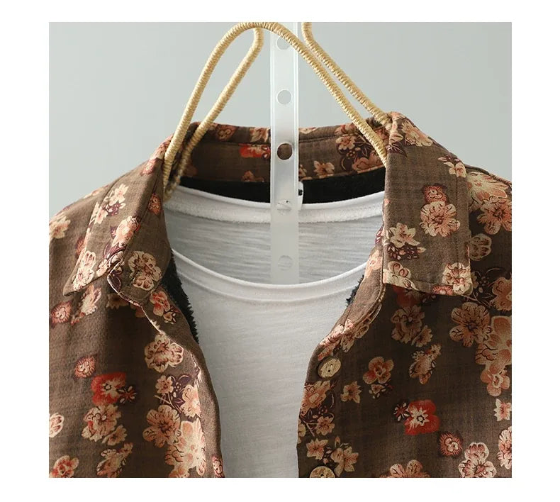 Floral Print Fleece-Lined Patch Pocket Coat