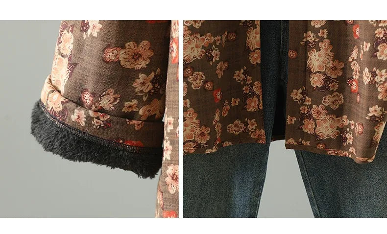 Floral Print Fleece-Lined Patch Pocket Coat