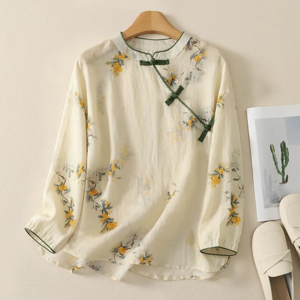 Floral Print Frog Button Asymmetrical Placket Long Sleeve Shirt