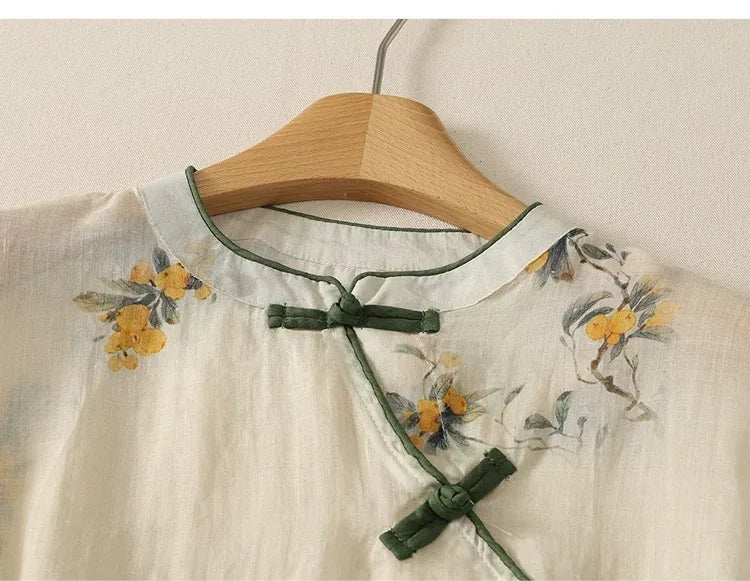 Floral Print Frog Button Asymmetrical Placket Long Sleeve Shirt