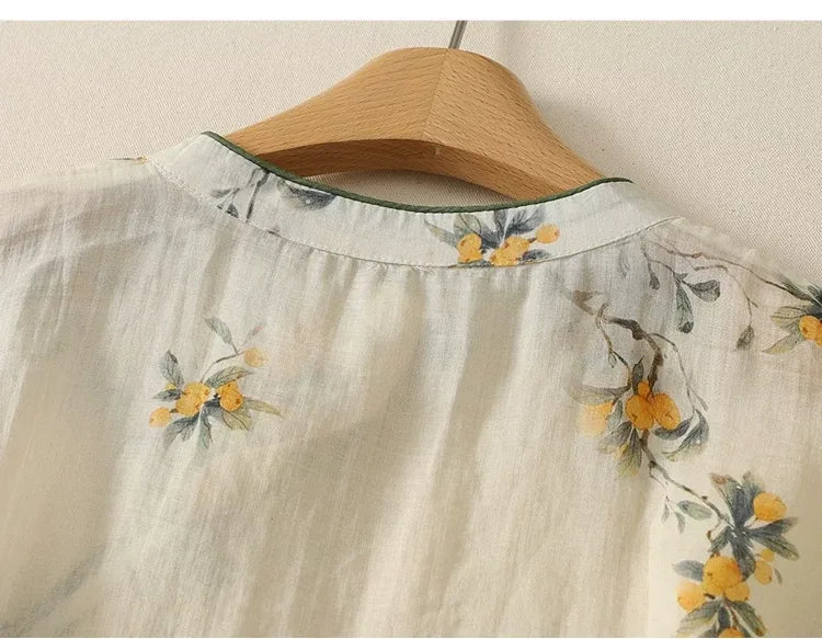 Floral Print Frog Button Asymmetrical Placket Long Sleeve Shirt