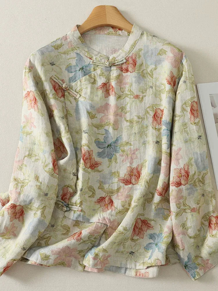 Floral Print Frog Button Mandarin Collar Long Sleeve Shirt
