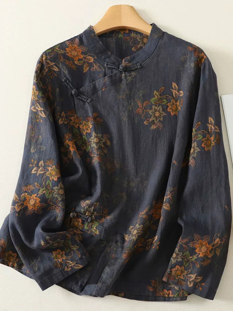 Floral Print Frog Button Mandarin Collar Long Sleeve Shirt