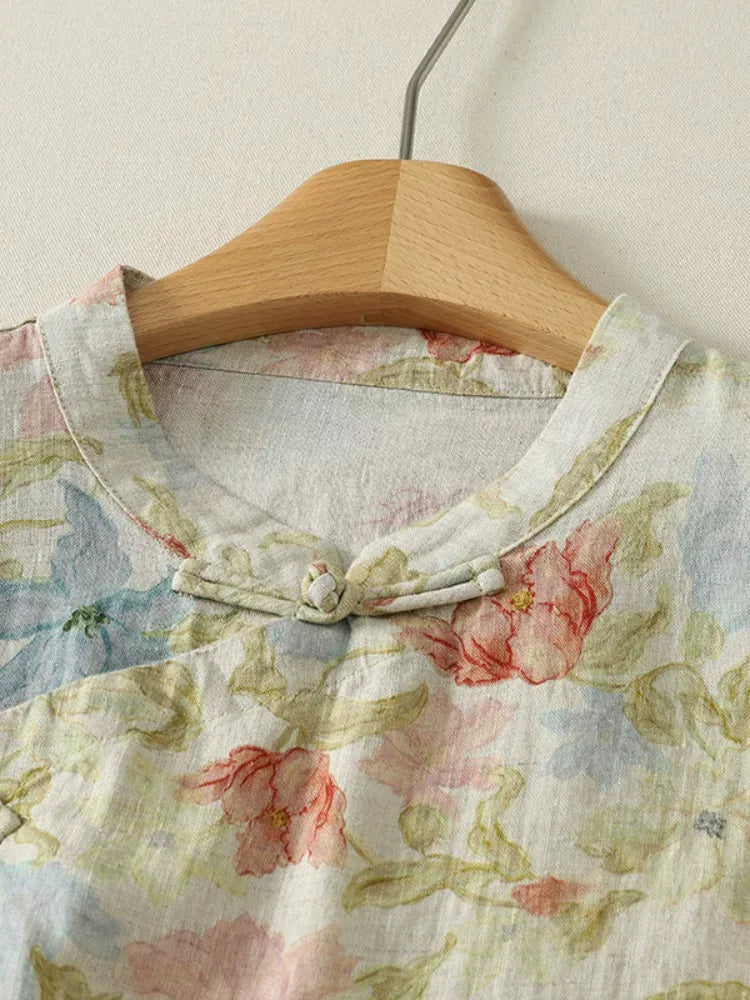 Floral Print Frog Button Mandarin Collar Long Sleeve Shirt