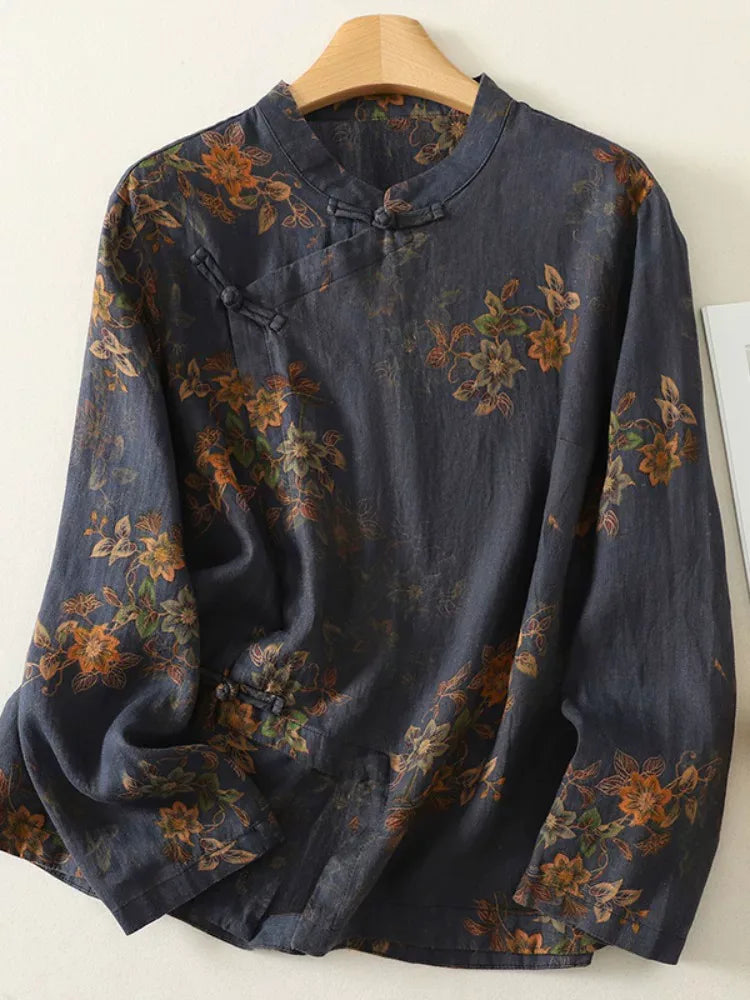 Floral Print Frog Button Mandarin Collar Long Sleeve Shirt