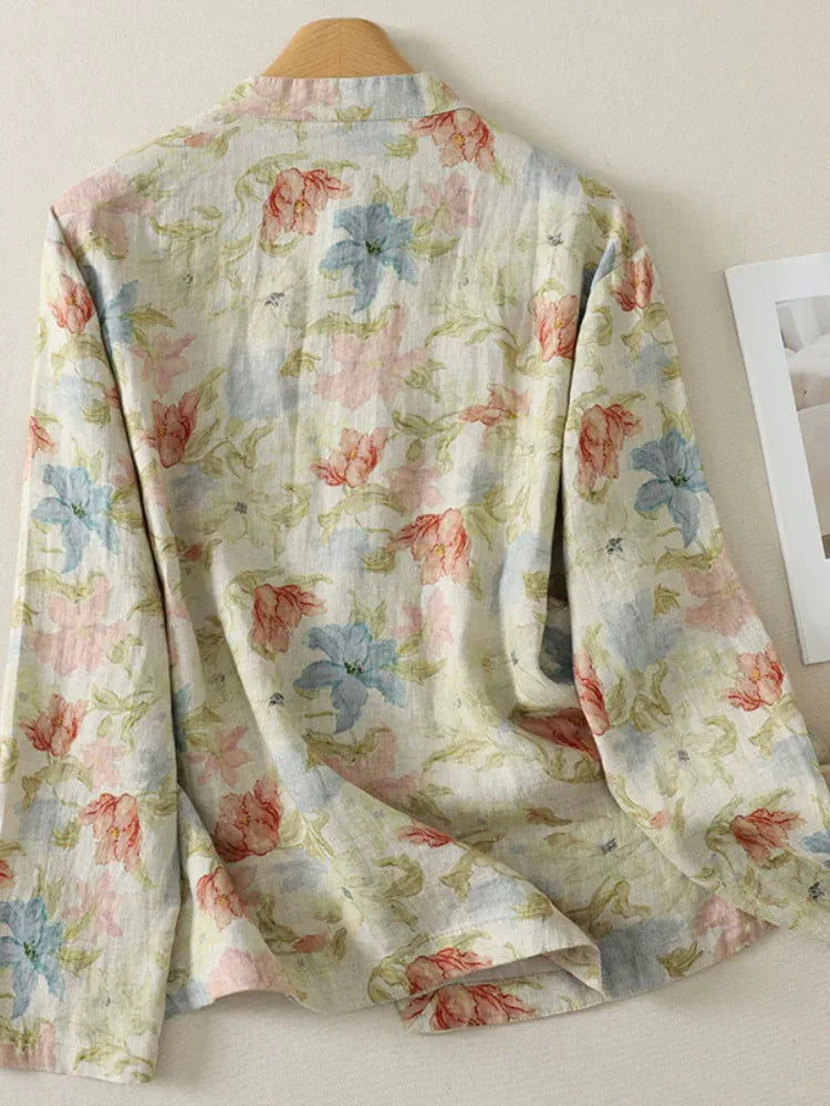Floral Print Frog Button Mandarin Collar Long Sleeve Shirt