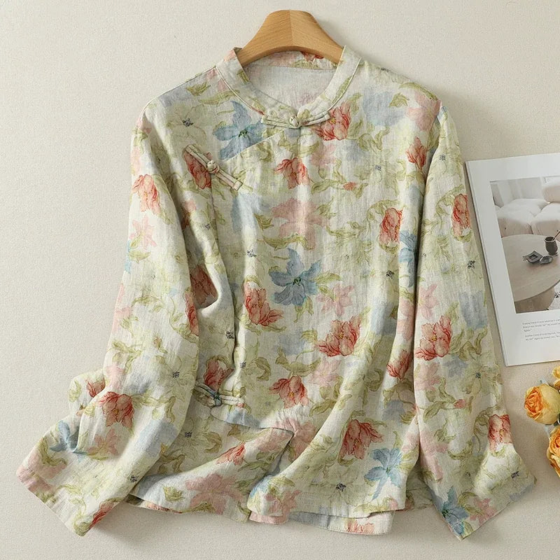 Floral Print Frog Button Mandarin Collar Long Sleeve Shirt - Apricot