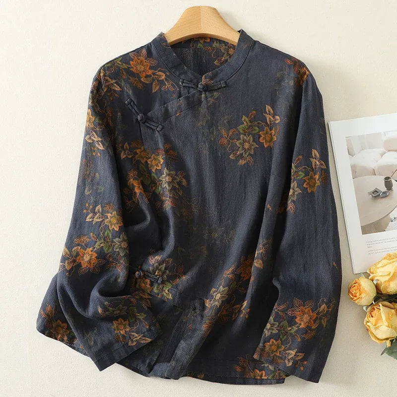 Floral Print Frog Button Mandarin Collar Long Sleeve Shirt - Navy