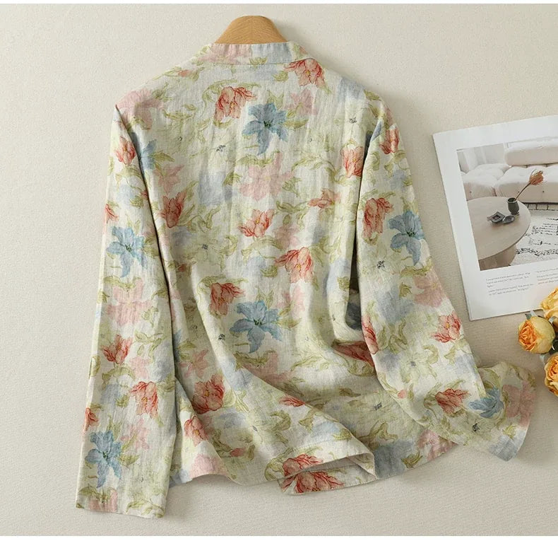 Floral Print Frog Button Mandarin Collar Long Sleeve Shirt