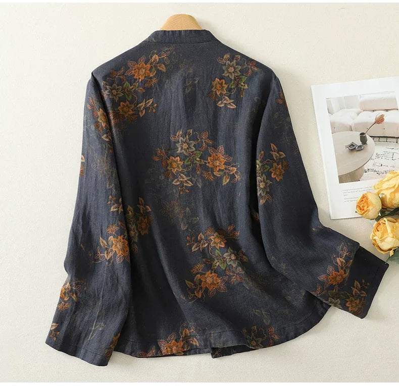 Floral Print Frog Button Mandarin Collar Long Sleeve Shirt