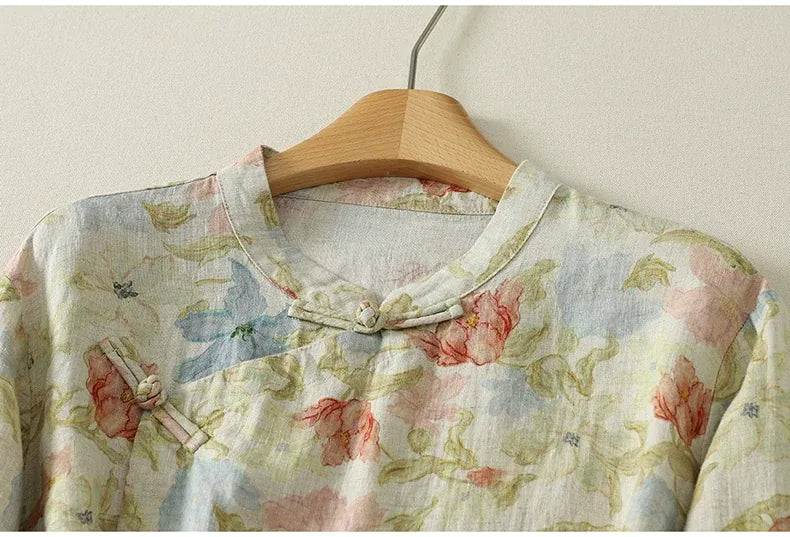 Floral Print Frog Button Mandarin Collar Long Sleeve Shirt