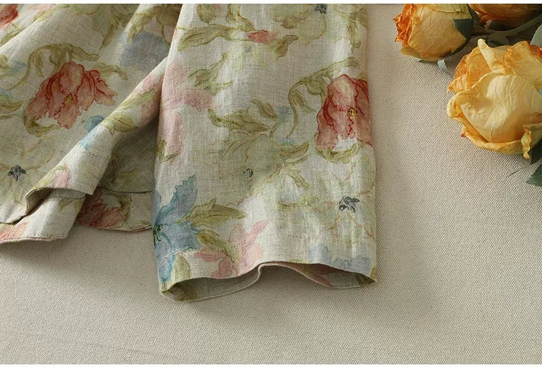 Floral Print Frog Button Mandarin Collar Long Sleeve Shirt