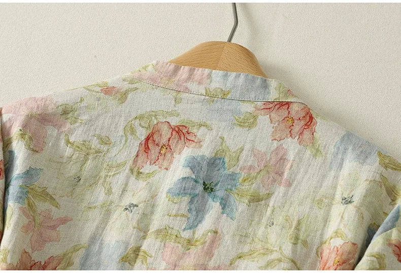 Floral Print Frog Button Mandarin Collar Long Sleeve Shirt