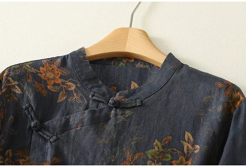 Floral Print Frog Button Mandarin Collar Long Sleeve Shirt