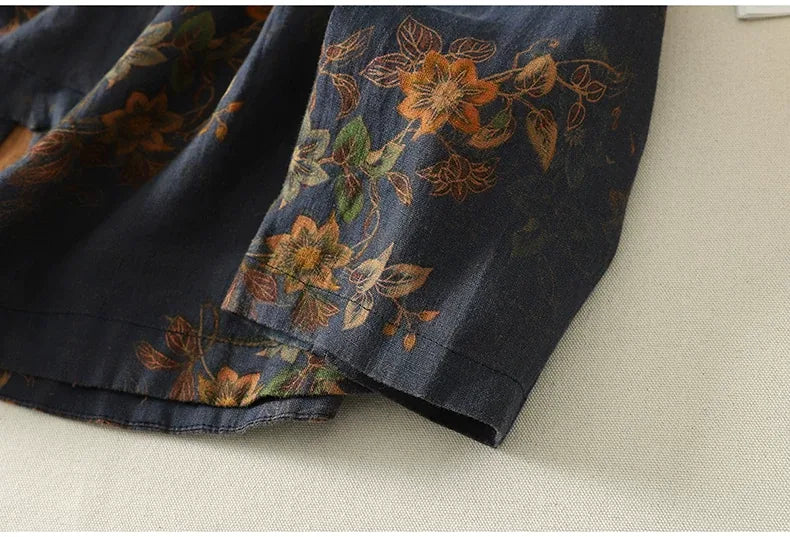 Floral Print Frog Button Mandarin Collar Long Sleeve Shirt