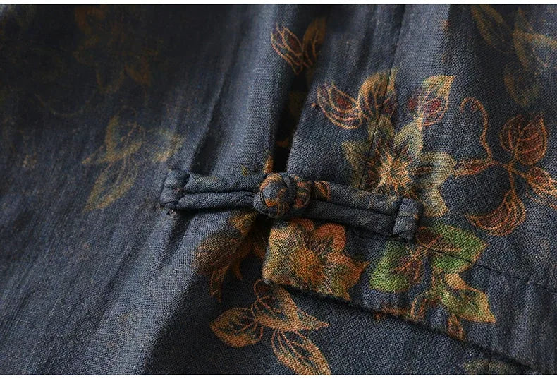 Floral Print Frog Button Mandarin Collar Long Sleeve Shirt