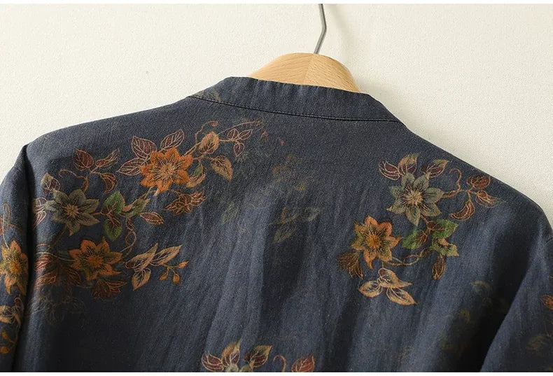 Floral Print Frog Button Mandarin Collar Long Sleeve Shirt