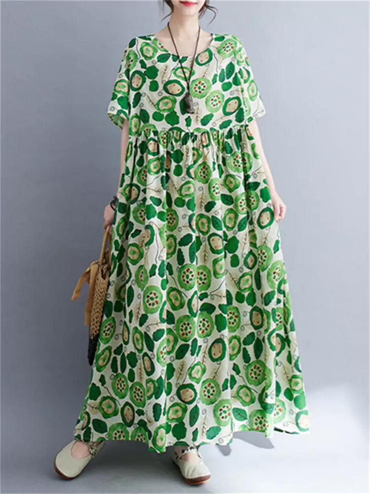 Maxikleid aus Leinen im Ethno-Stil mit Blumenmuster, Rundhalsausschnitt und kurzen Ärmeln
