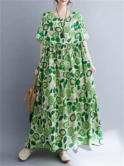 Vestido largo de lino con cuello redondo y estampado floral de estilo étnico y manga corta