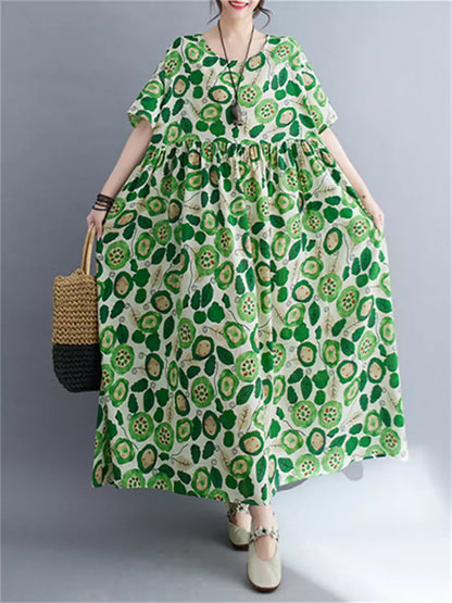 Vestido largo de lino con cuello redondo y estampado floral de estilo étnico y manga corta