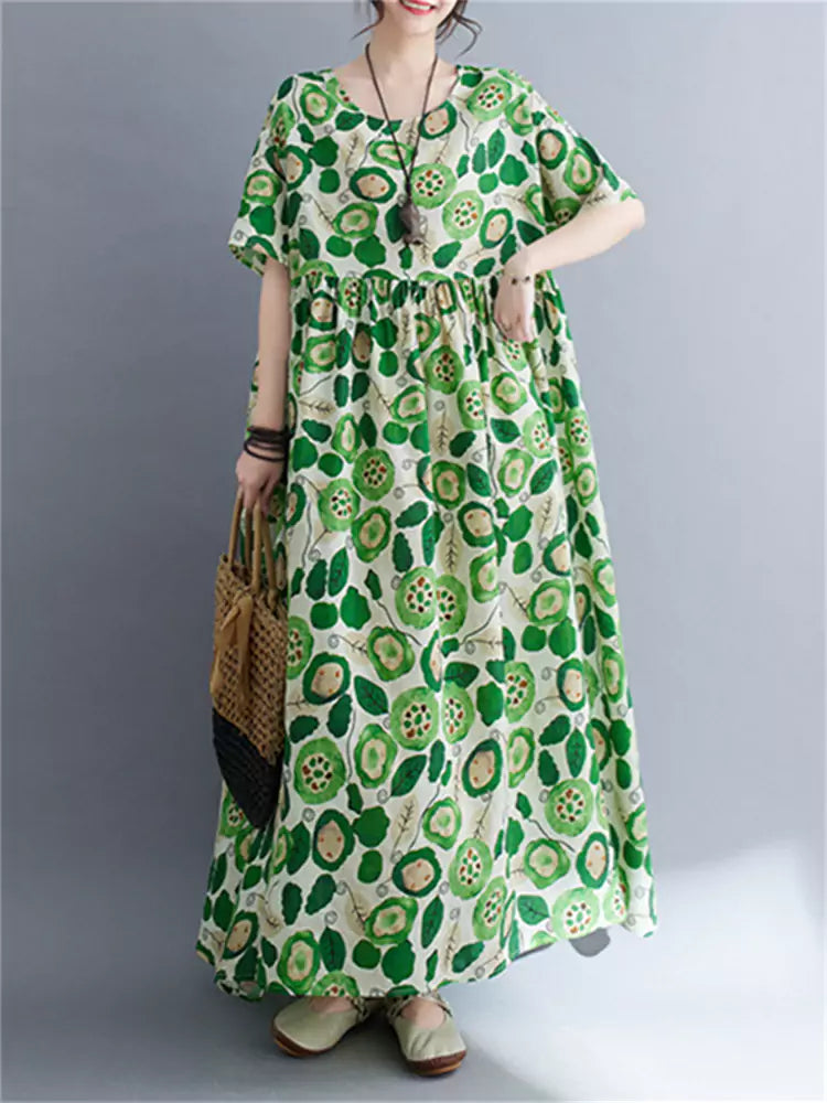 Ethnic Style Floral Print O Neck Linen Maxi Dress Short Sleeve