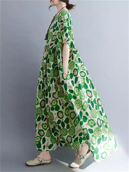 Vestido largo de lino con cuello redondo y estampado floral de estilo étnico y manga corta