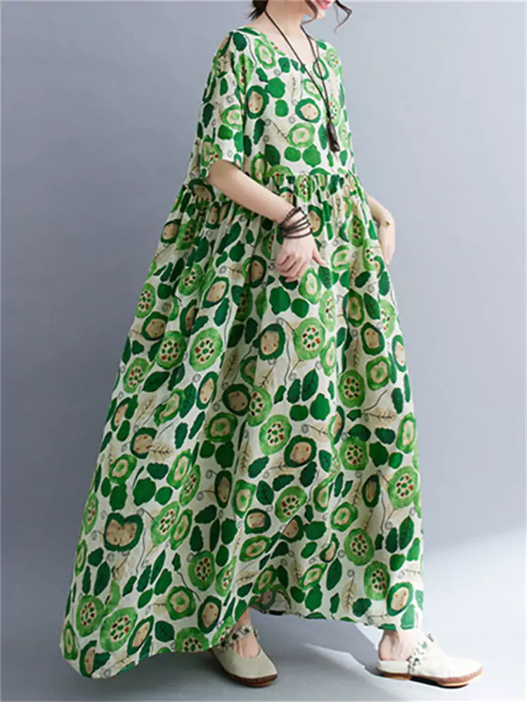 Maxikleid aus Leinen im Ethno-Stil mit Blumenmuster, Rundhalsausschnitt und kurzen Ärmeln