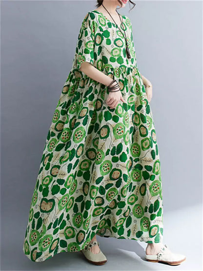 Vestido largo de lino con cuello redondo y estampado floral de estilo étnico y manga corta