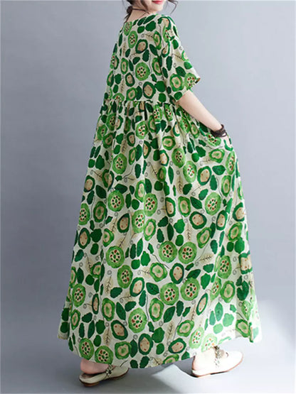 Vestido largo de lino con cuello redondo y estampado floral de estilo étnico y manga corta