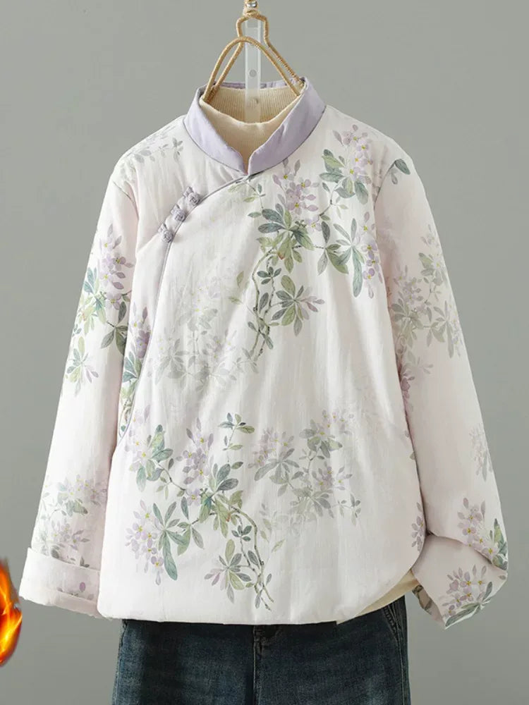 Floral Print Mandarin Collar Padded Jacket with Frog Buttons