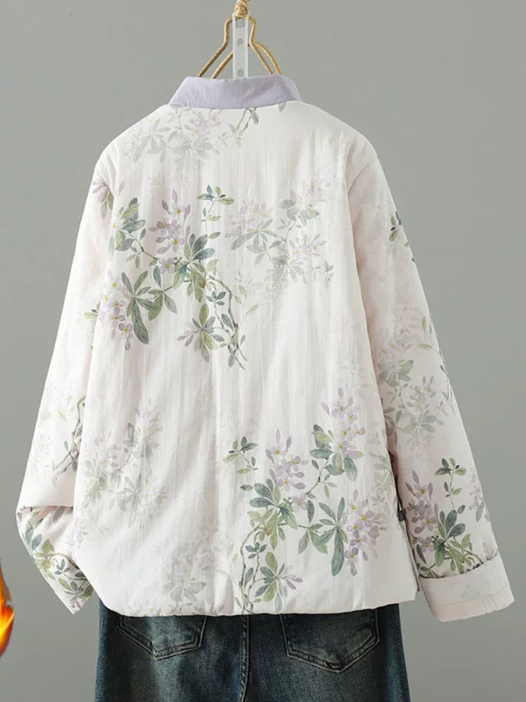 Floral Print Mandarin Collar Padded Jacket with Frog Buttons
