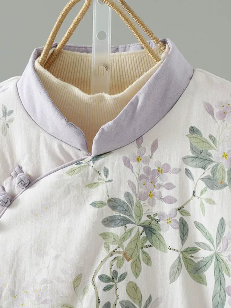 Floral Print Mandarin Collar Padded Jacket with Frog Buttons
