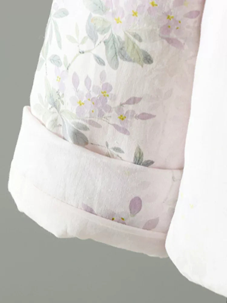 Floral Print Mandarin Collar Padded Jacket with Frog Buttons