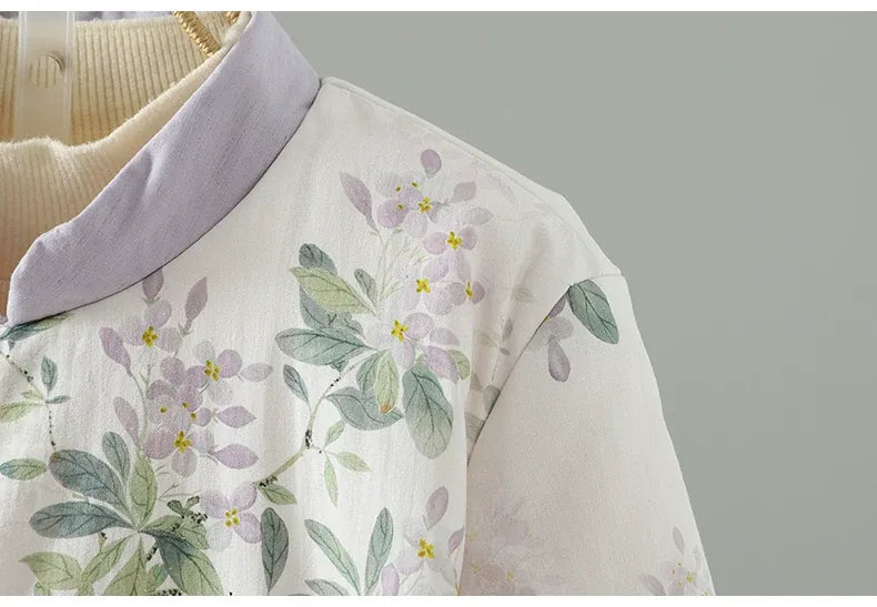 Floral Print Mandarin Collar Padded Jacket with Frog Buttons