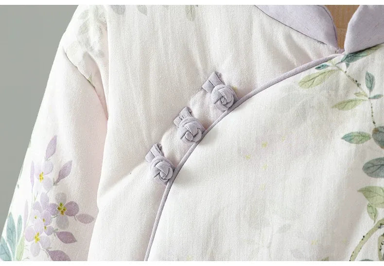 Floral Print Mandarin Collar Padded Jacket with Frog Buttons