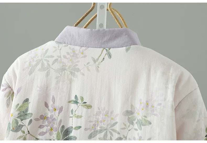 Floral Print Mandarin Collar Padded Jacket with Frog Buttons