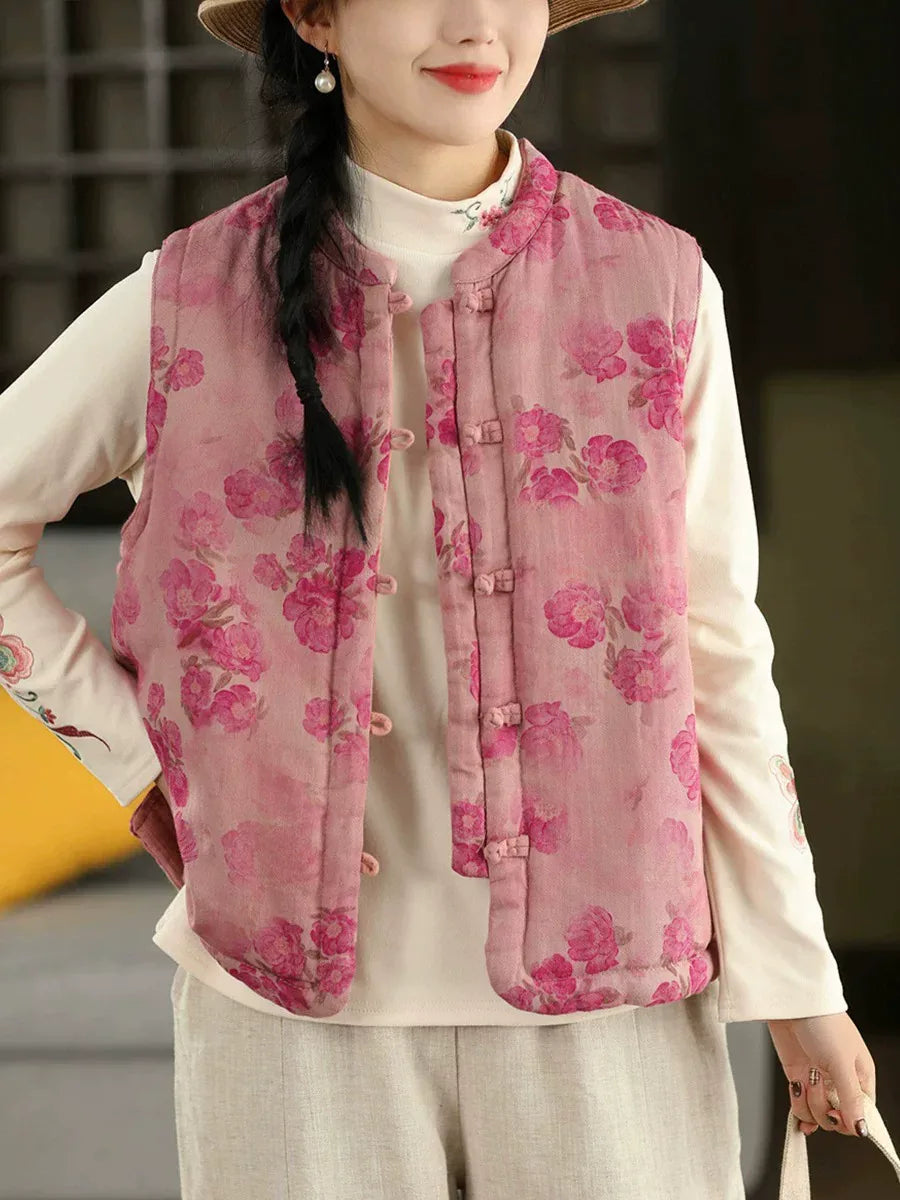 Floral Print Mandarin Collar Padded Vest