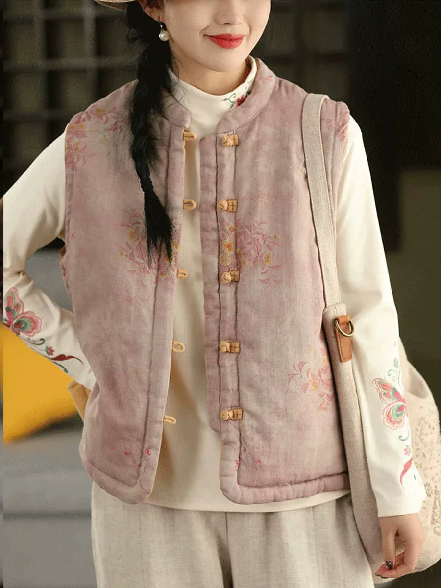 Floral Print Mandarin Collar Padded Vest