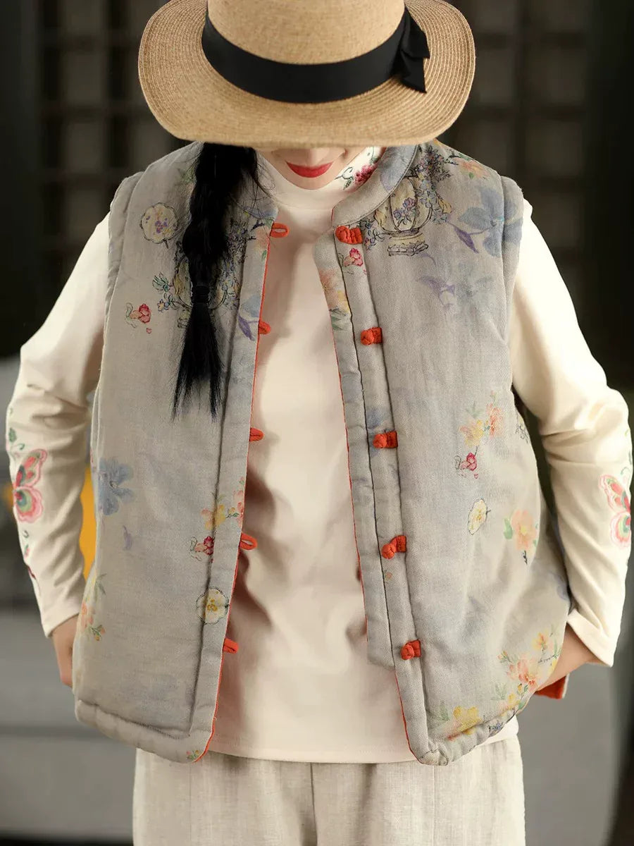 Floral Print Mandarin Collar Padded Vest