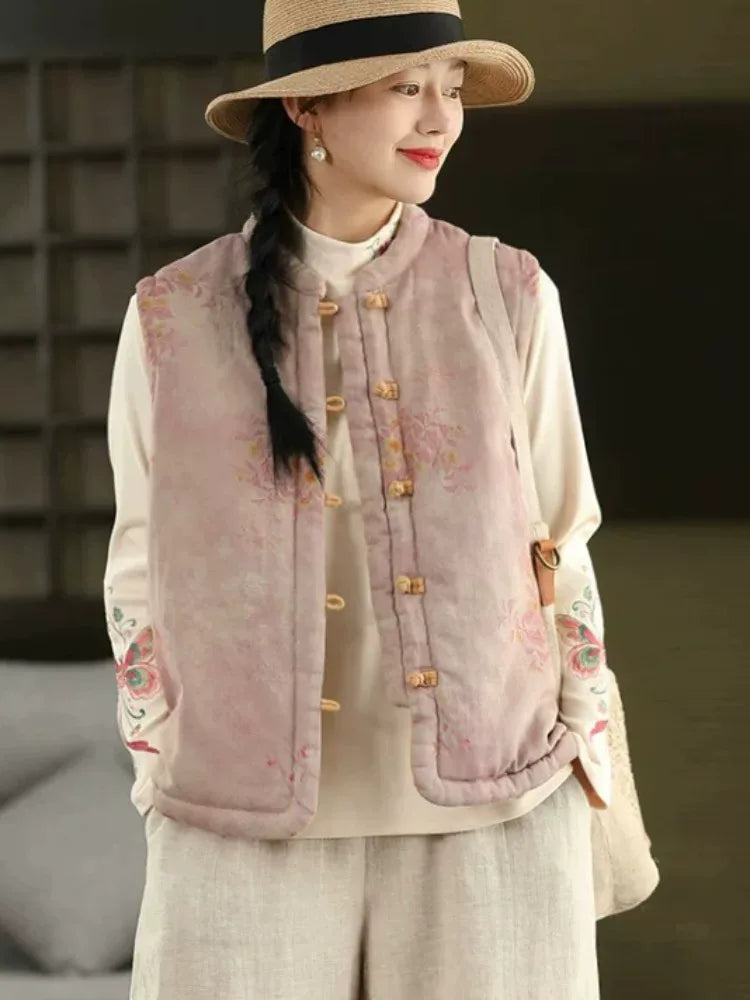 Floral Print Mandarin Collar Padded Vest