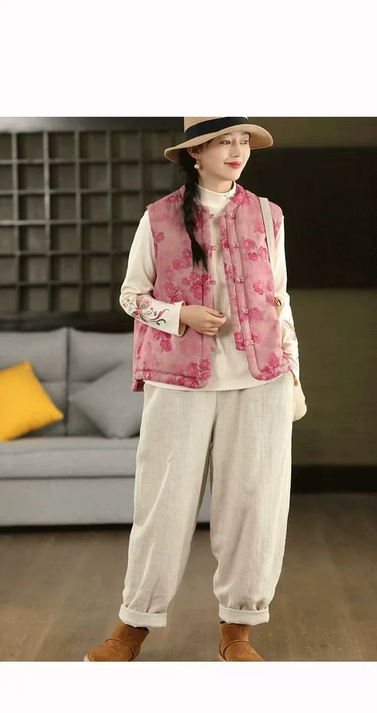 Floral Print Mandarin Collar Padded Vest