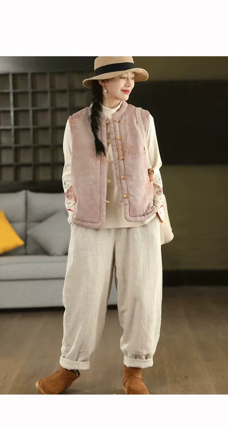 Floral Print Mandarin Collar Padded Vest