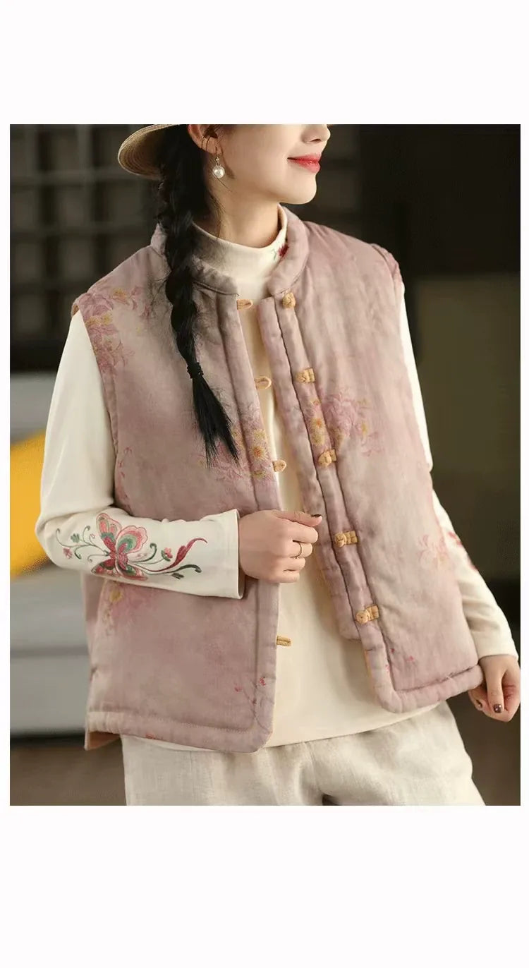 Floral Print Mandarin Collar Padded Vest
