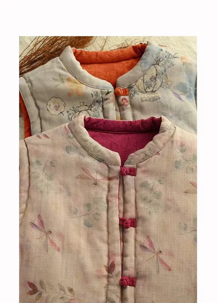 Floral Print Mandarin Collar Padded Vest