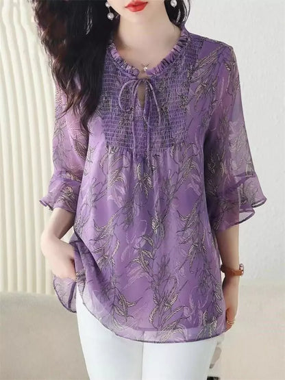 Floral Print Plus Size Ruffle Chiffon Blouse Bell Sleeve
