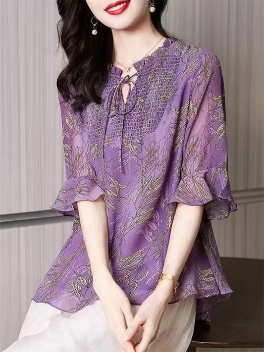 Floral Print Plus Size Ruffle Chiffon Blouse Bell Sleeve