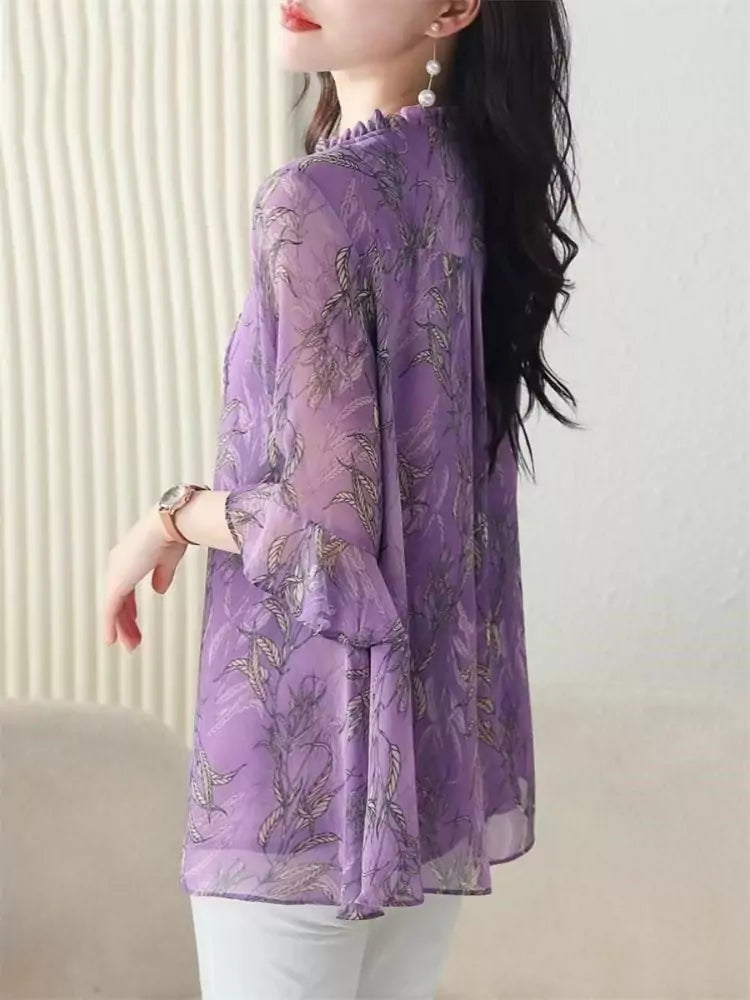 Floral Print Plus Size Ruffle Chiffon Blouse Bell Sleeve