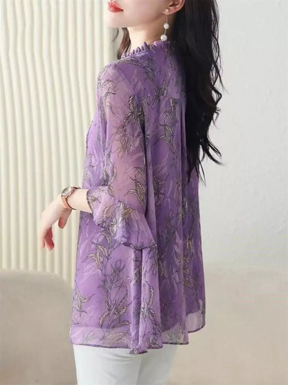 Floral Print Plus Size Ruffle Chiffon Blouse Bell Sleeve